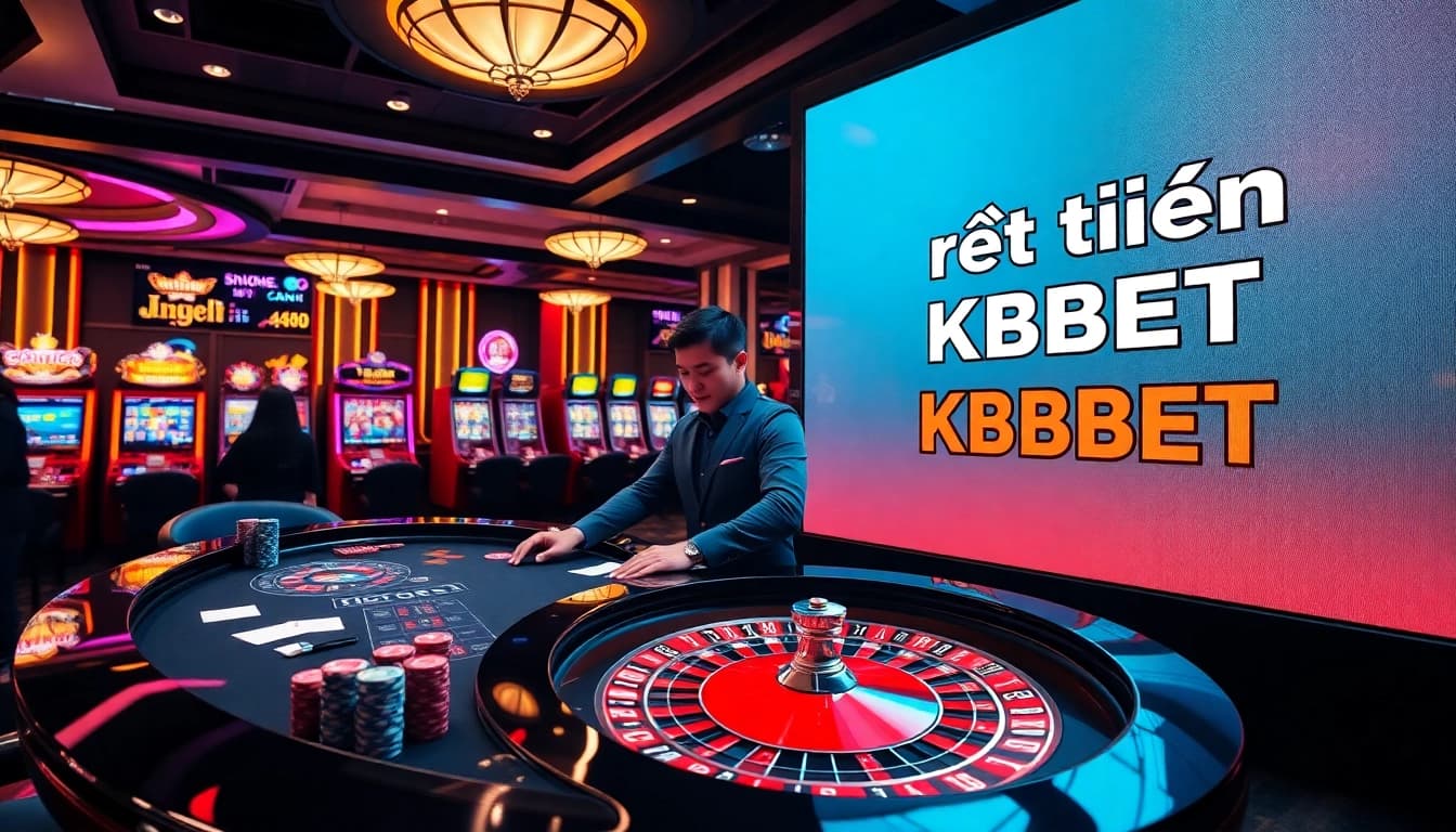 Rút tiền KBBET showcased in a vibrant casino scene with a professional dealer and colorful gaming elements.