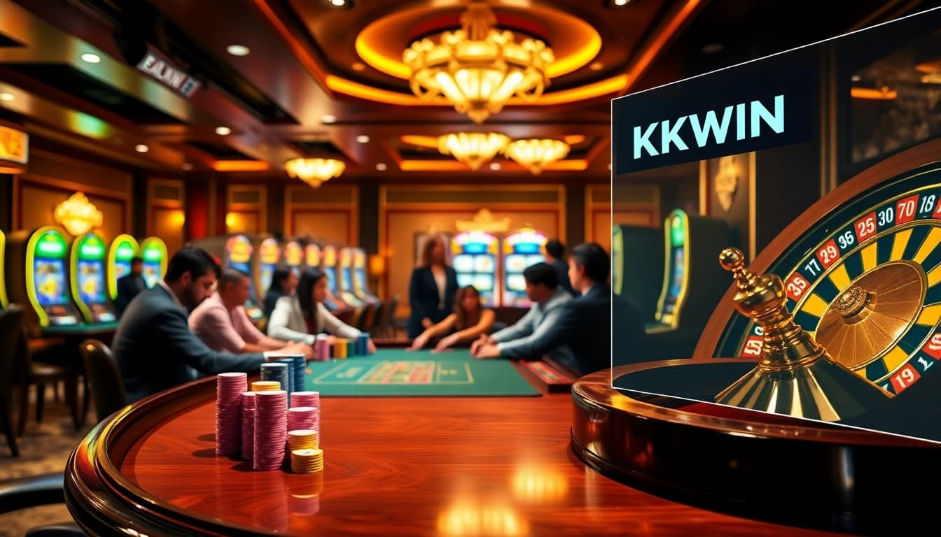 Players enjoying high stakes at KKWIN’s lavish poker table, surrounded by vibrant slot machines.