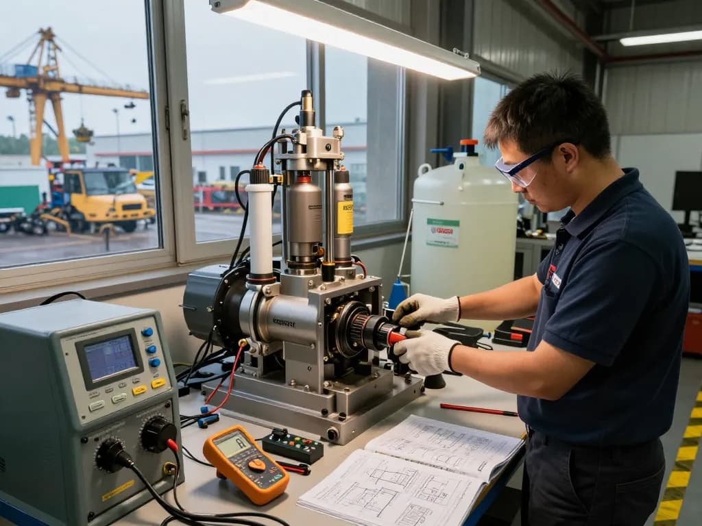 Technician working on Bosch Rexroth hydraulic systems in an industrial workshop.