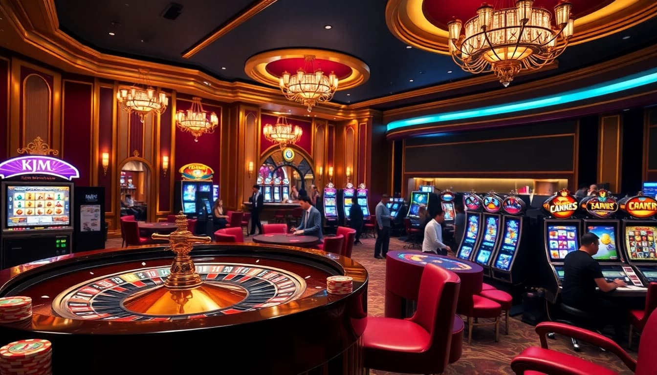 KJC members enjoy premium casino games featuring vibrant poker chips and roulette wheels.