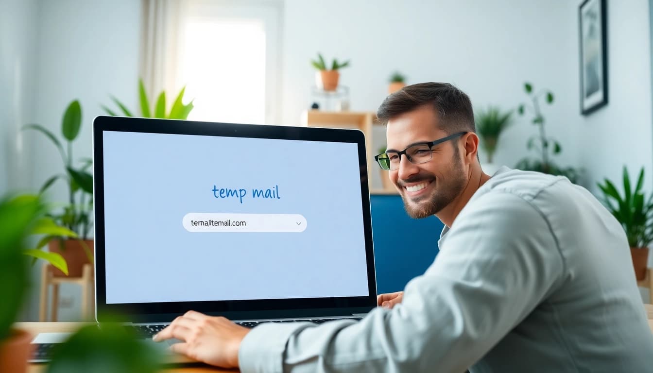 Receive emails securely with temp mail free temporary email service on a laptop in an inviting home office.
