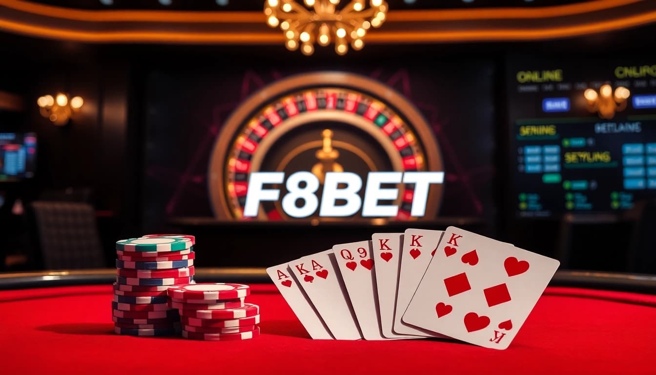 Experience F8BET's exciting poker action with colorful chips and a luxurious casino setting.