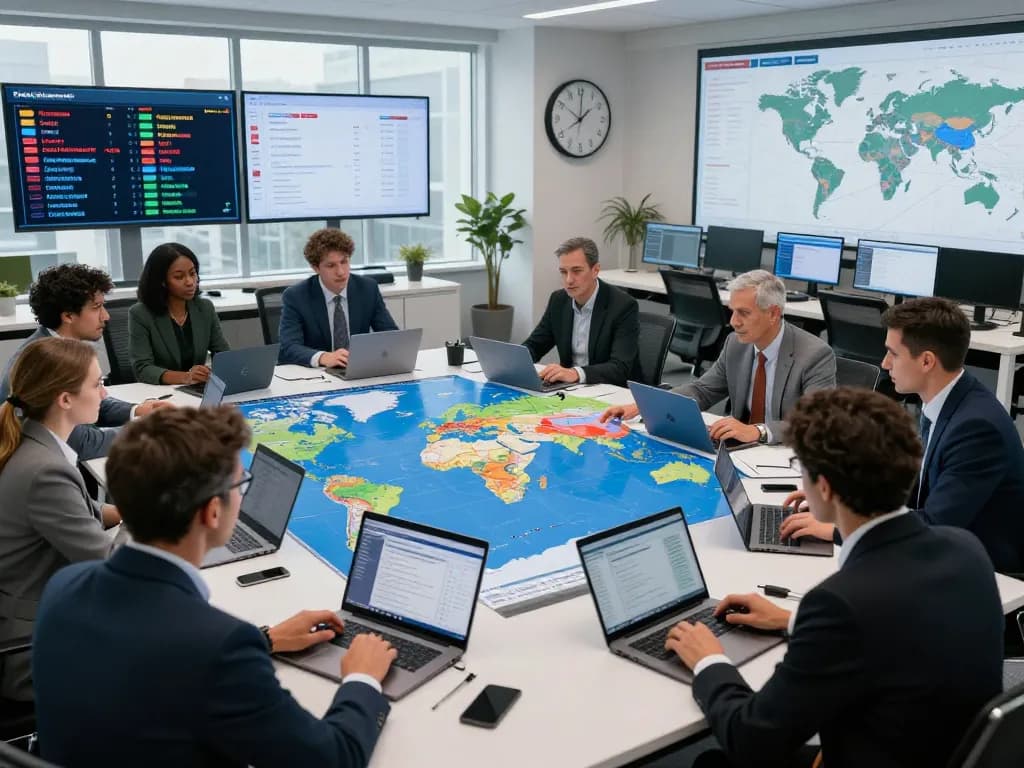 International Crisis Watch analysts collaborating in a modern office with digital conflict maps.