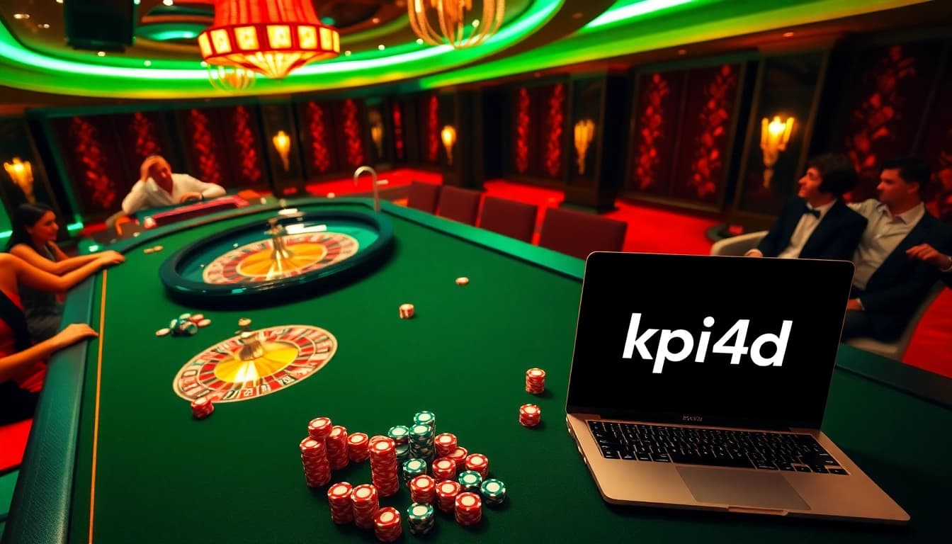 KPI4D's vibrant casino atmosphere with roulette and poker chips, inviting excitement and professionalism.