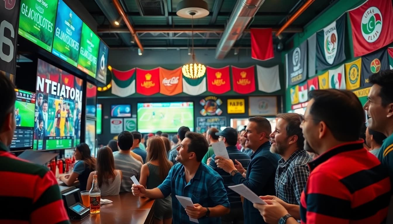 Enjoying sports betting in Mexico with friends at a lively sports bar.