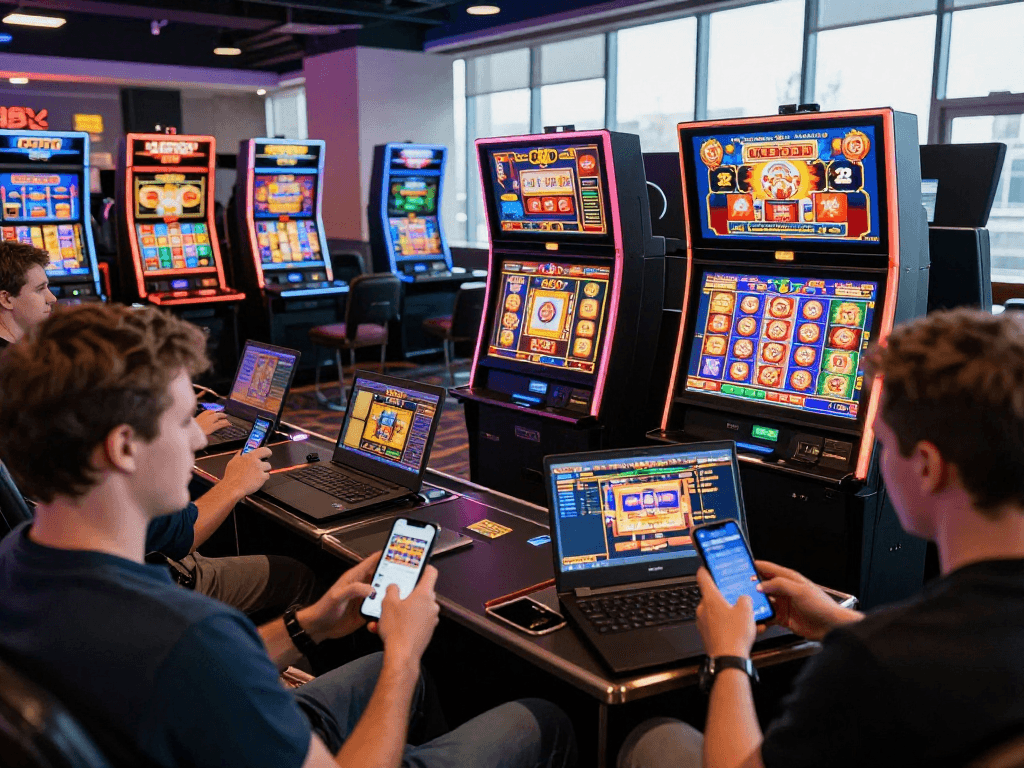 Exciting USA online casinos scene with UK players engaged in colorful slot games, showcasing vibrant atmosphere and diverse gaming options.
