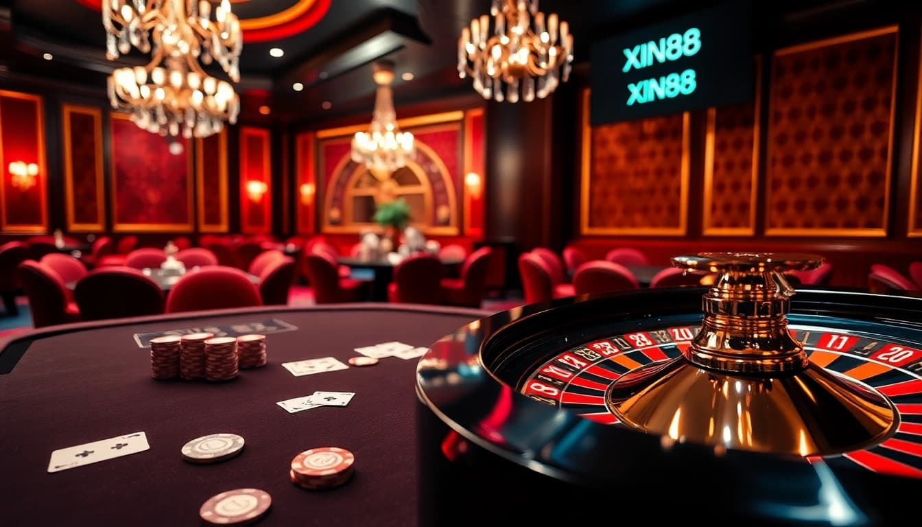 Play poker at xin88 with stylish chips and an elegant roulette wheel lighting up the casino scene.