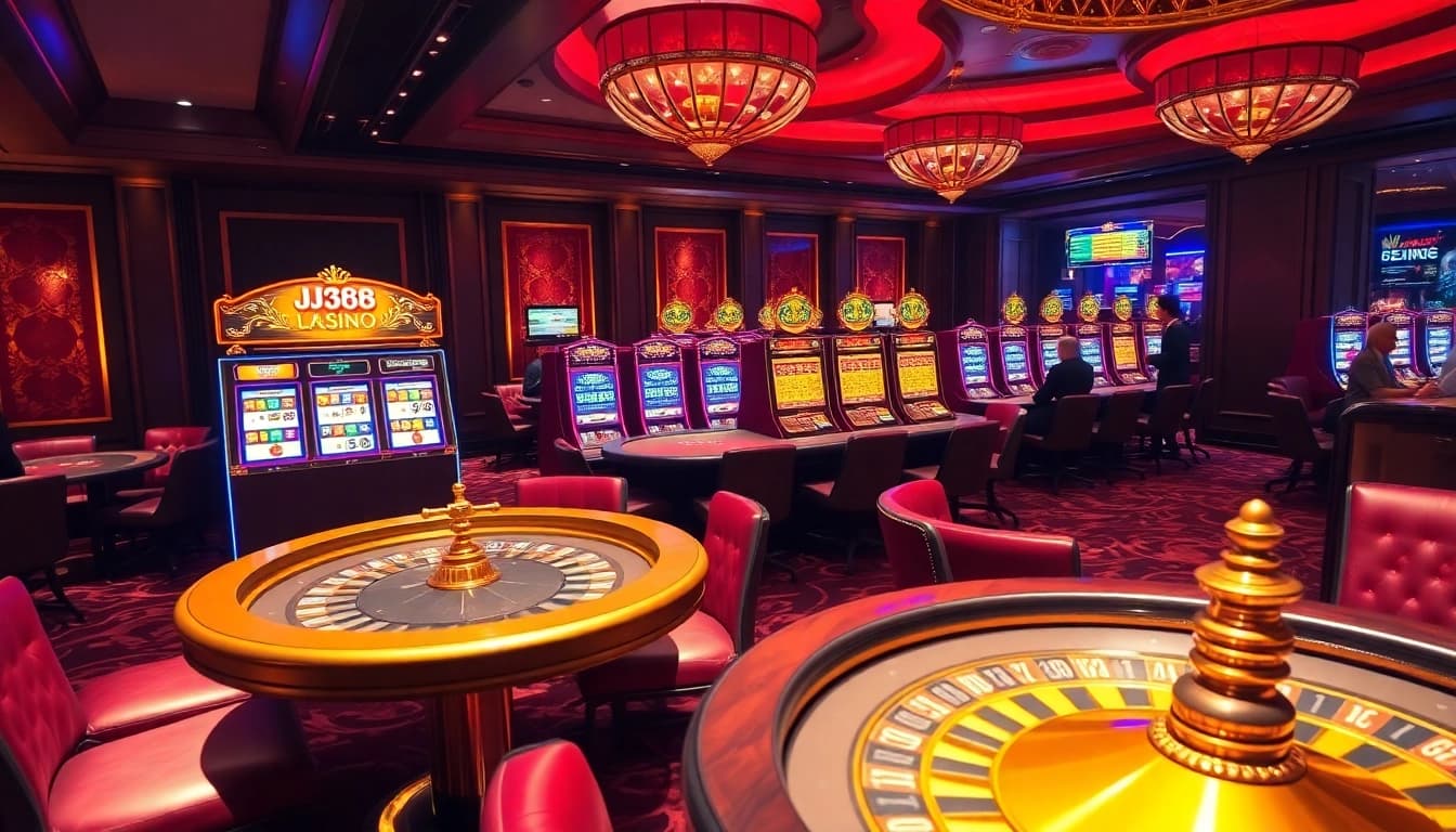 Experience the thrill of BJ388 online betting with a luxurious casino atmosphere featuring vibrant gaming elements.