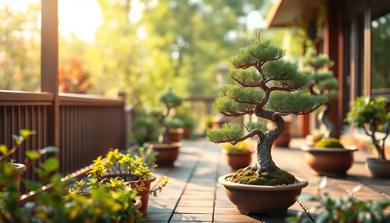 Bonsai trees in a serene garden setting, highlighting the beauty of BOTOL169 pine bonsai.