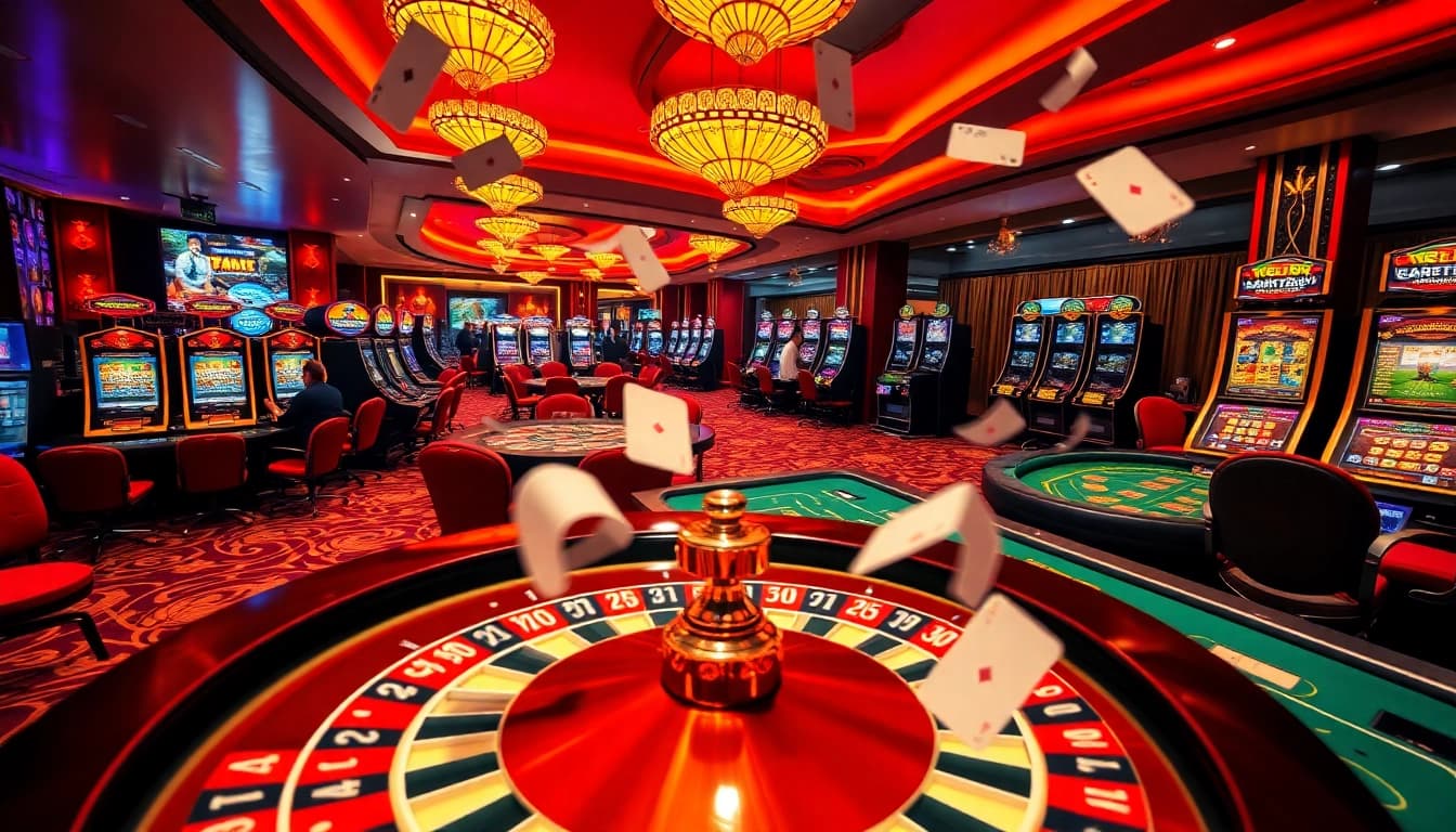 Tobet88 gaming environment featuring rich casino visuals with poker tables, roulette, and vibrant slot machines.