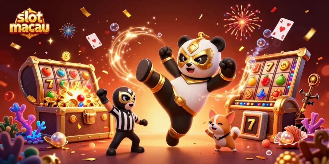 Sparkling slot macau scene with a wrestling panda, referee chihuahua, and excited animal crowd celebrating jackpot wins.
