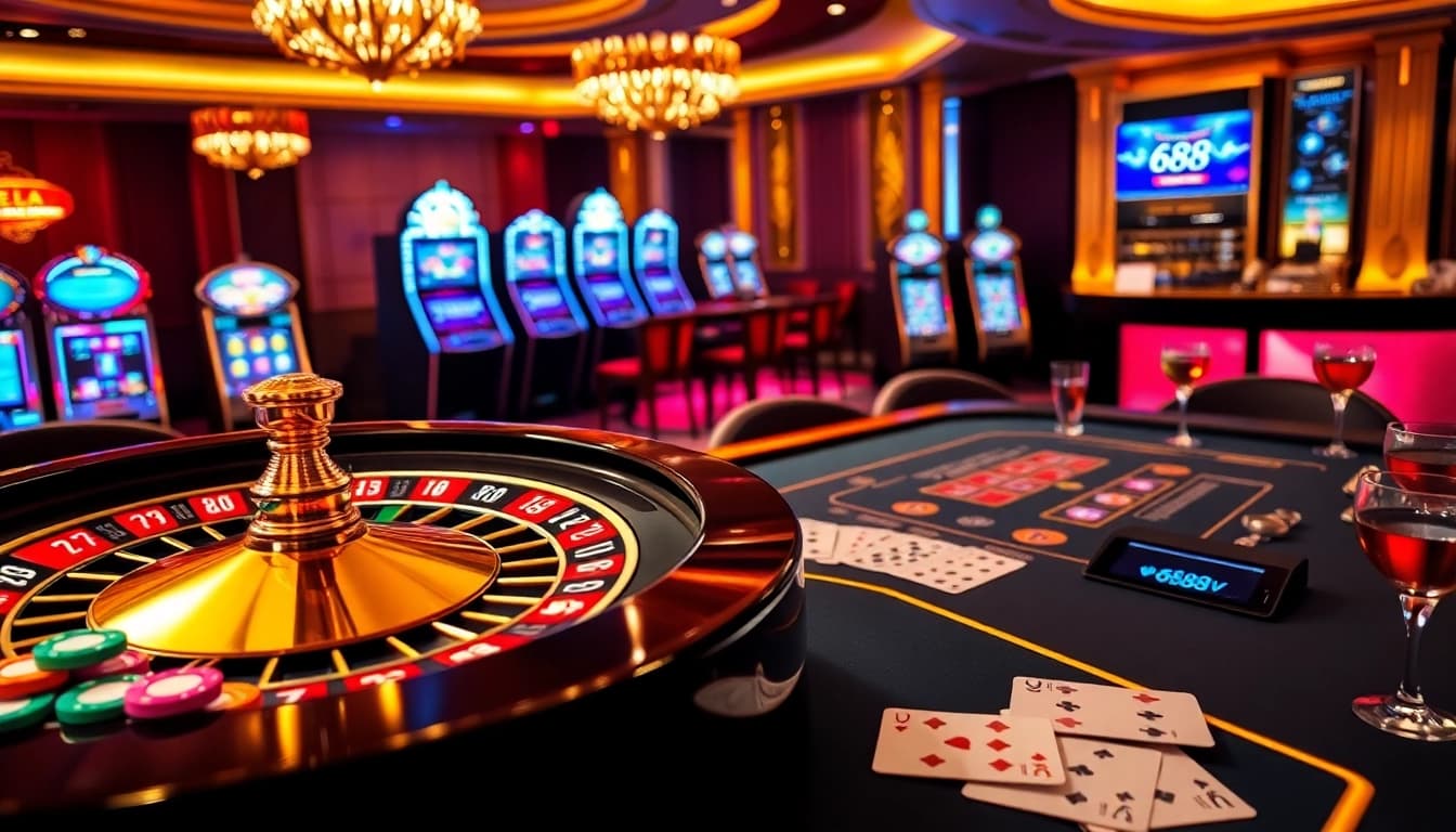 Experience the thrill of 688v with exciting casino tables, vibrant poker chips, and luxurious ambiance.