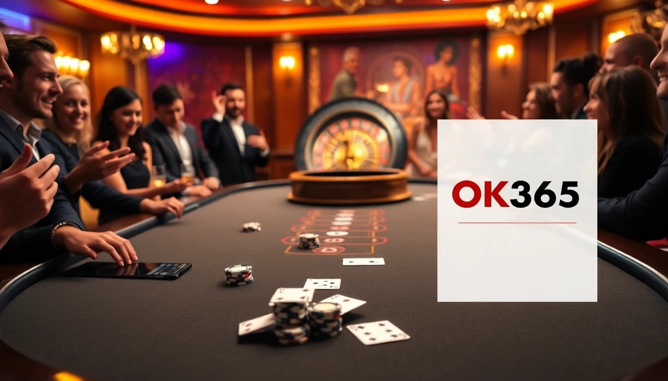 Players enjoying a game at OK365 casino table with vibrant atmosphere and poker chips.