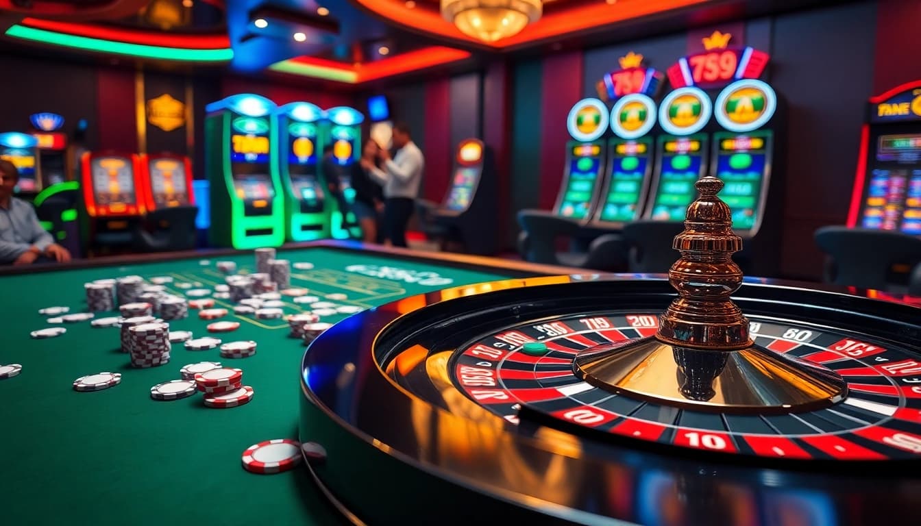 Experience the thrill of gambling at 789P with vibrant casino tables, cards, and chips.