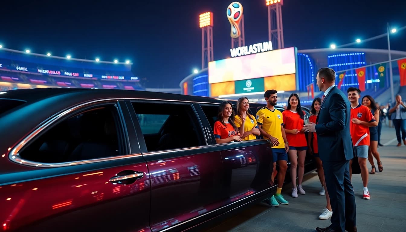 Luxury World Cup Group Transportation in a stylish limousine outside an LA stadium.