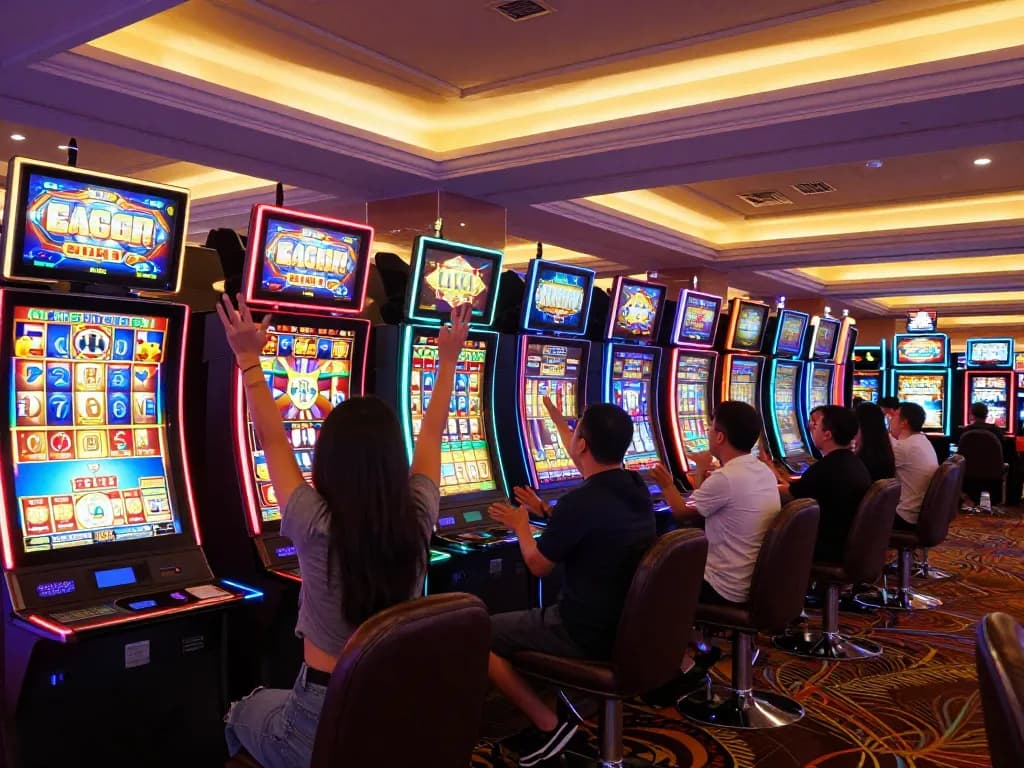 Players celebrating a big win on slot gacor machines in a lively casino environment