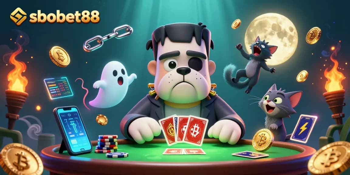 sbobet88 showcases a vibrant casino scene with unique characters and gambling elements for an engaging experience.