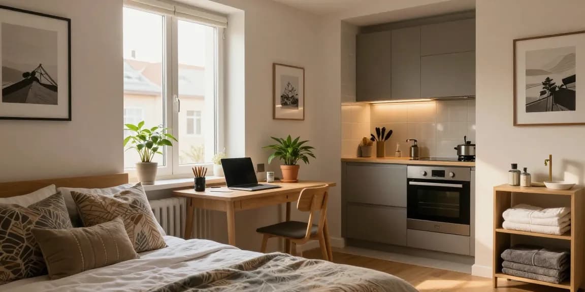 Moderne Monteurwohnung in Hannover mit stilvollem Wohnbereich und Küche für Geschäftsreisende.