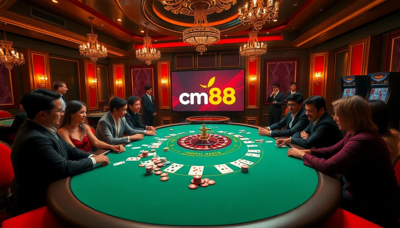 Excited players at a luxurious poker table featuring nhà cái cm88 with chips and cards.