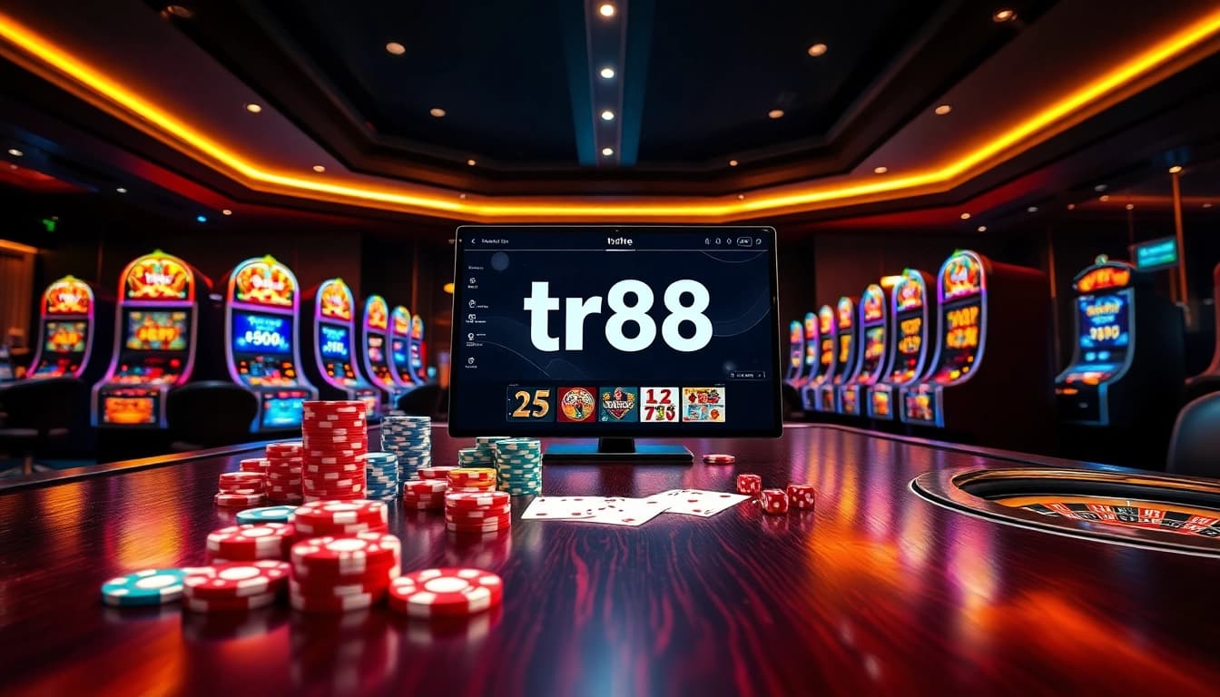 Gambling excitement at tr88 casino with vibrant poker chips and slot machines.