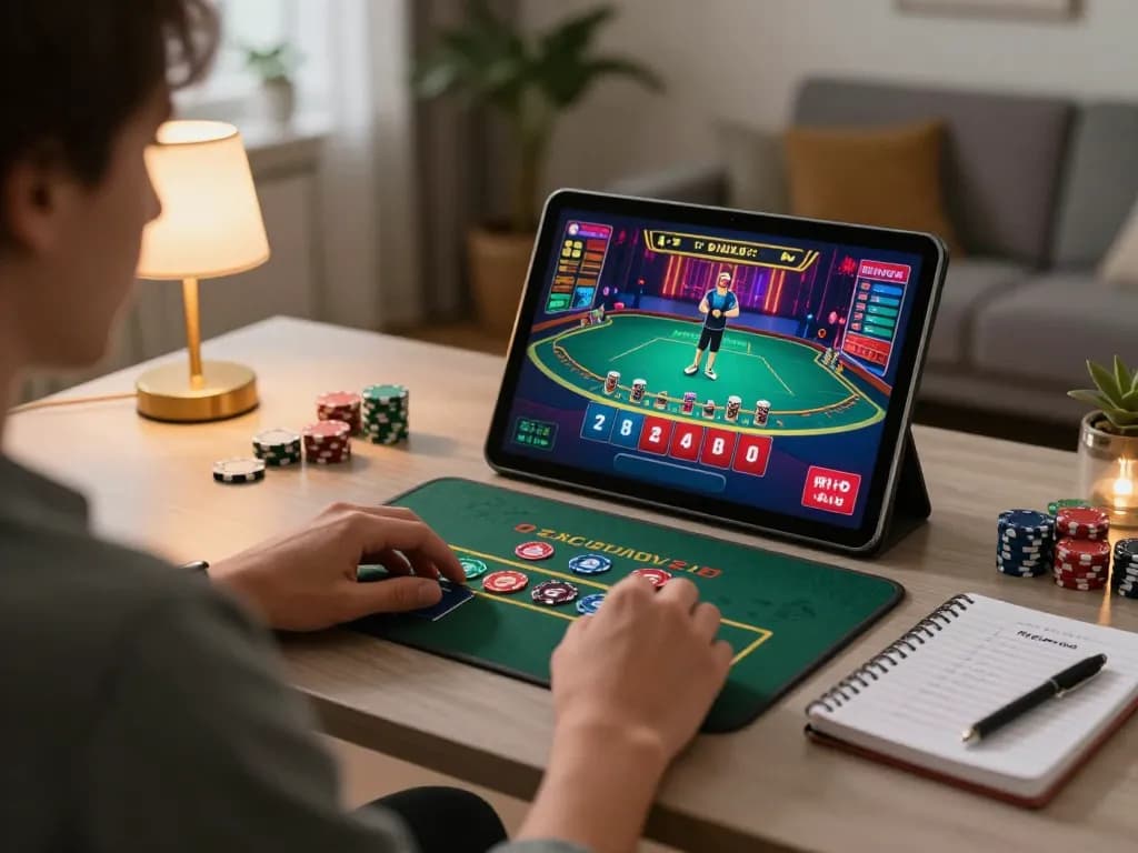 Engaging in a live dealer game at home, exploring 98win trang chủ on a tablet while strategizing