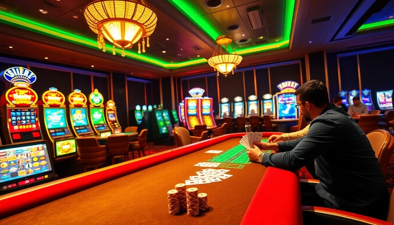 Exciting gaming atmosphere at LC88 with poker tables and vibrant slot machines.
