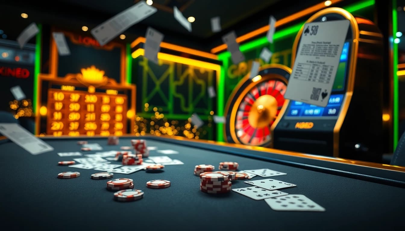 KQBD online gambling scene featuring a poker table, slot machine, and roulette wheel, radiating excitement.