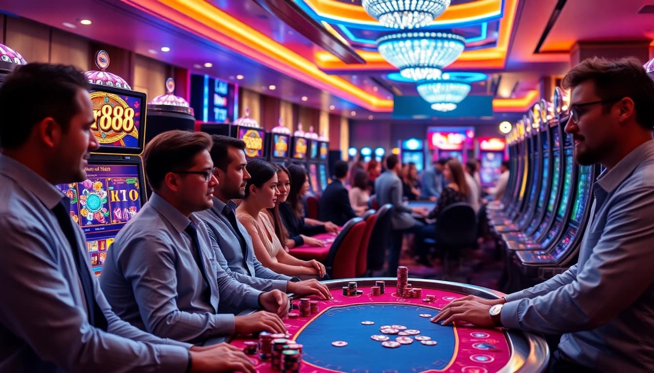 Experience the thrill of playing tr88 at vibrant slot machines in a luxurious casino setting.