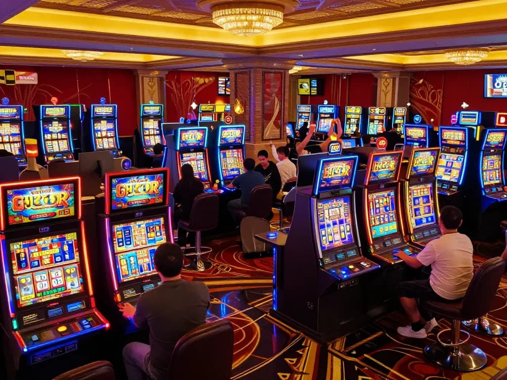 Players experiencing the thrill of slot gacor games in a colorful casino atmosphere.