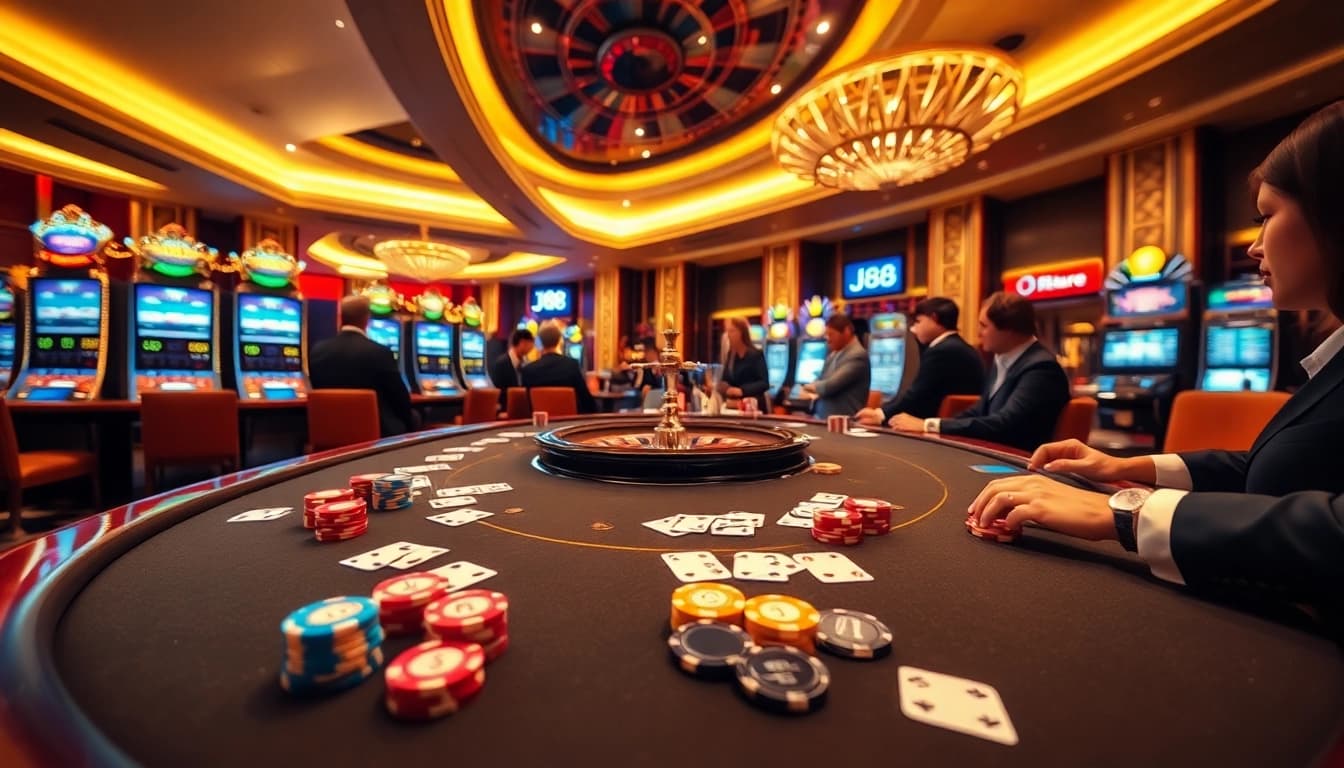 Experience thrilling gameplay at j88 casino with vibrant poker tables and slot machines.