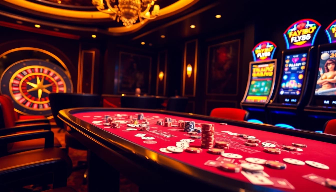 Players experiencing the excitement of gambling at FLY88 with poker chips and roulette wheel.