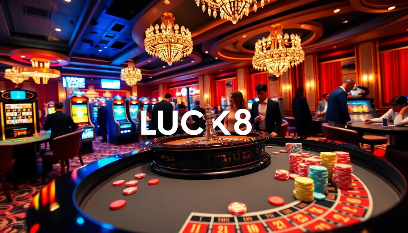 Niềm phấn khích của LUCK8 tỏa sáng trên bàn casino sang trọng cùng những người chơi lộng lẫy và những máy đánh bạc sống động.