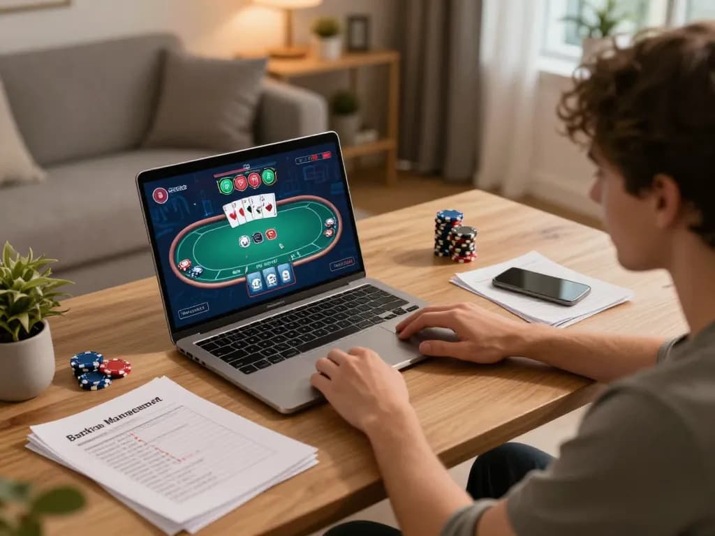 56WIN gaming scene with user analyzing poker strategy and funds at home.