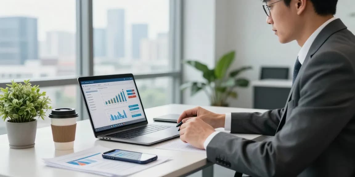 Consultor financiero analizando tendencias de pago etb en una oficina moderna.