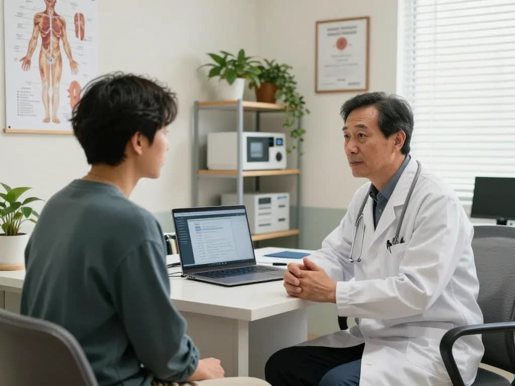 アトムクリニックの口コミレビューと患者が現代的な相談室で治療オプションについて議論している。