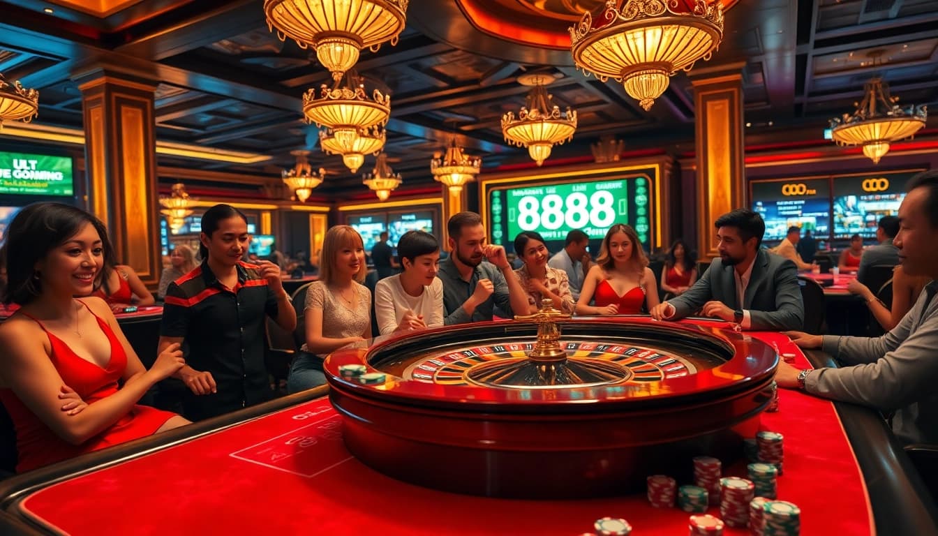 Players enjoy excitement at u 888 casino with roulette, chips, and vibrant gaming atmosphere.