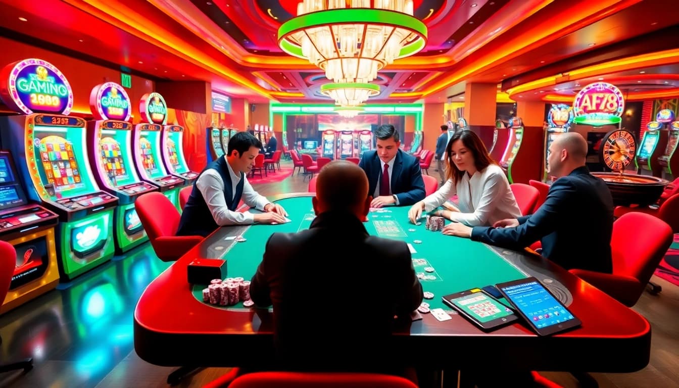 Engaging scene of professional poker players at AF88 casino table, surrounded by vibrant gaming elements.