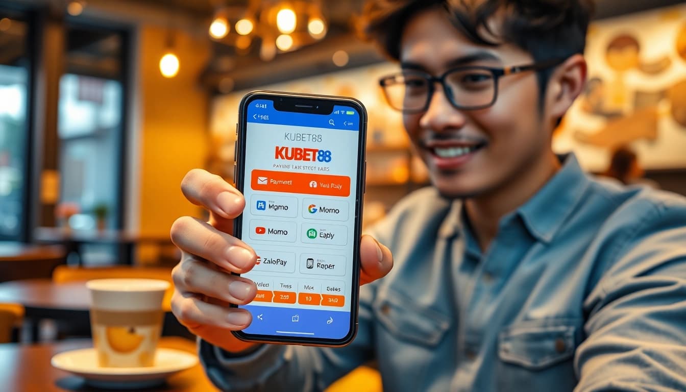Nạp Tiền KUBET88 – Bước Thiết Yếu Để Trải Nghiệm Giải Trí showcased on a mobile app in a cozy coffee shop setting.