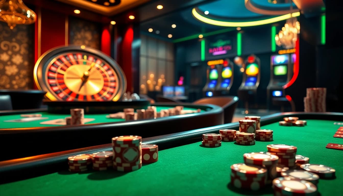 Nohu90 players enjoy an exciting casino experience with vibrant poker chips on the table.