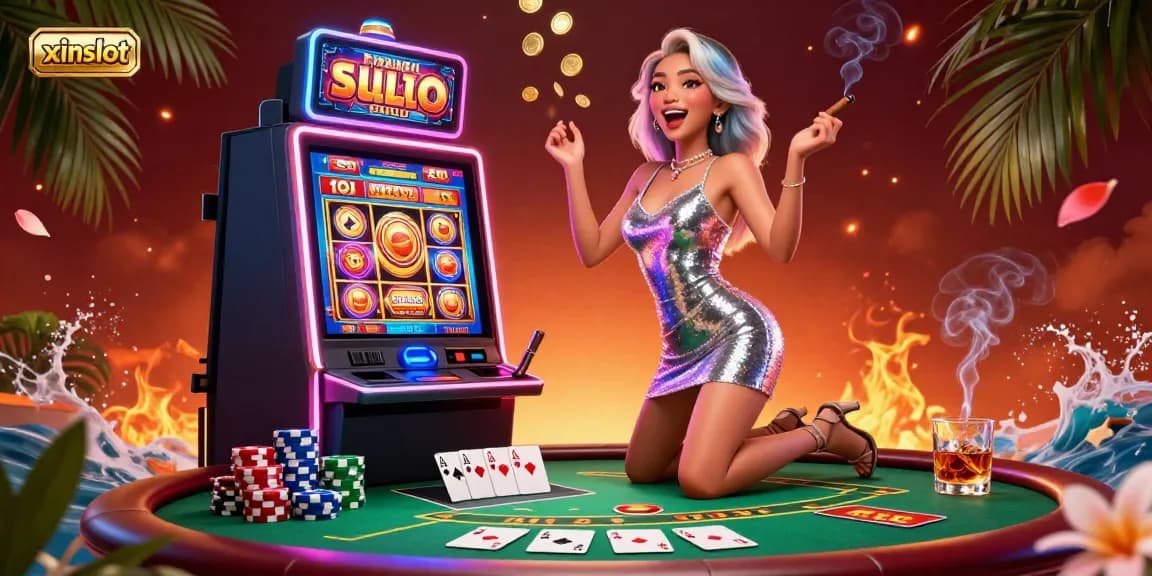 XINSLOT jackpot celebration with a glamorous Asian woman at a dynamic casino scene, depicting vibrant gaming elements.