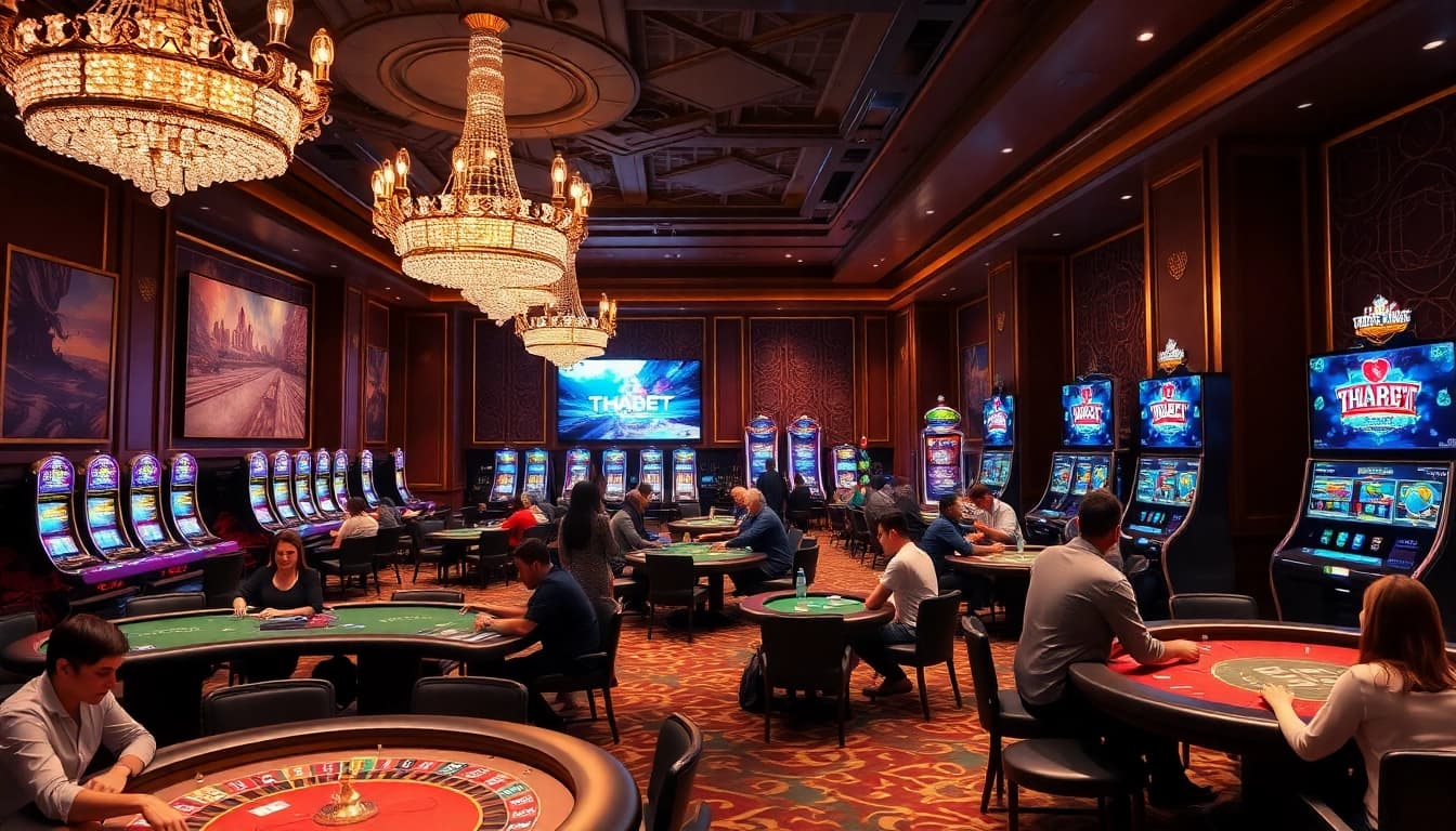 A dynamic gaming scene featuring players at THABET's luxurious blackjack and roulette tables.