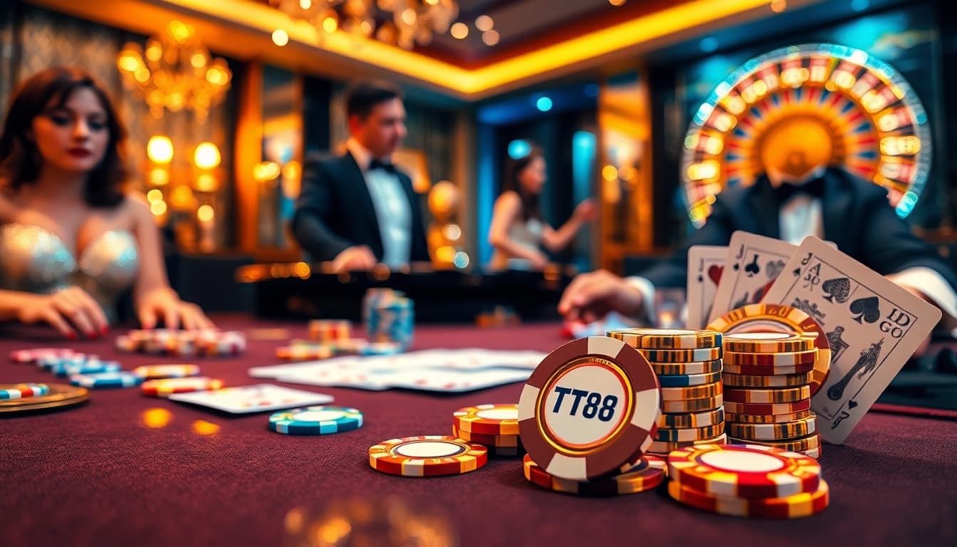 Experience thrilling TT88 gameplay at a luxurious casino table with vibrant poker chips and cards.