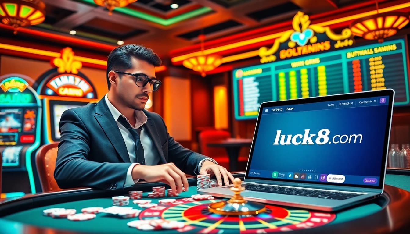 Người chơi hào hứng tận hưởng các trò chơi casino tại https://luck8.com, được bao quanh bởi chip, thẻ bài và ánh đèn sống động.