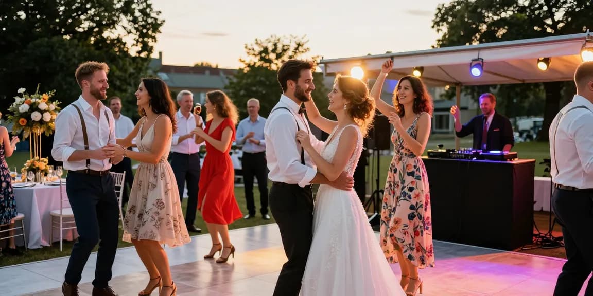Glückliches Hochzeitspaar tanzt mit Gästen, DJ für Hochzeit Berlin sorgt für festliche Stimmung.