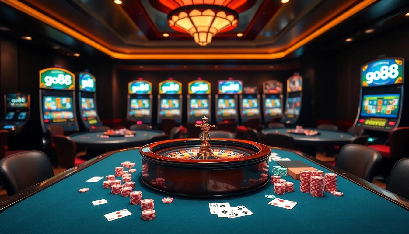 Engaging casino visual showcasing go88 gaming excitement with poker chips, dice, and slot machines.
