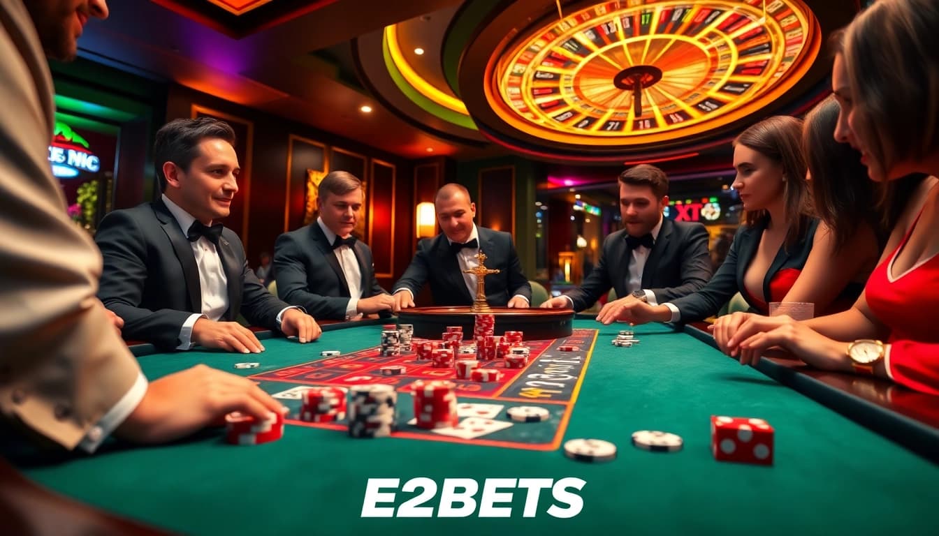 E2BETS gaming table scene with players enjoying poker and dice games.