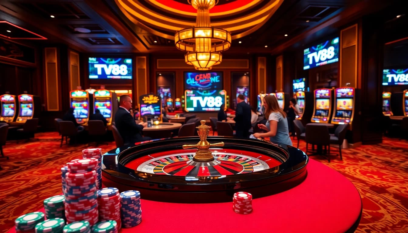 Experience the thrill of gambling with TV88 at a luxurious casino scene featuring exciting games.