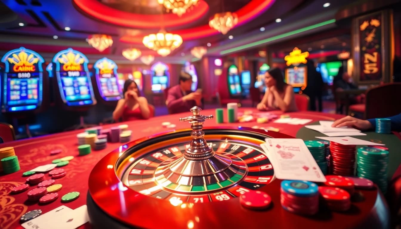 Pemain Datukwin yang antusias di meja kasino mewah dengan chip dan kartu.
