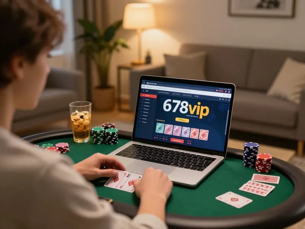 Person enjoying an online gaming session at home with 678vip casino interface visible