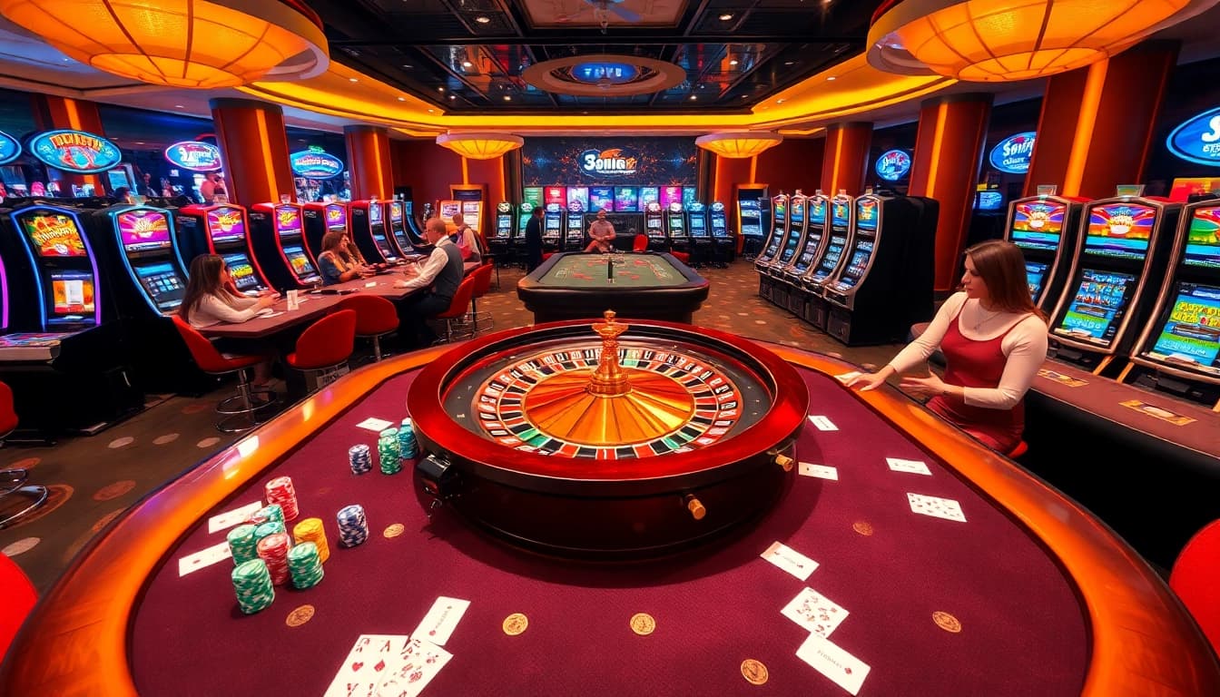 Experience the thrill of winning at 33wins.it.com in a luxurious casino setting with roulette and slot machines.